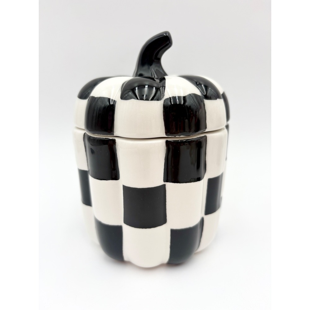 Checkered‎ Pumpkin Jar with Lid Black and White Ceramic Decor Courtly Check